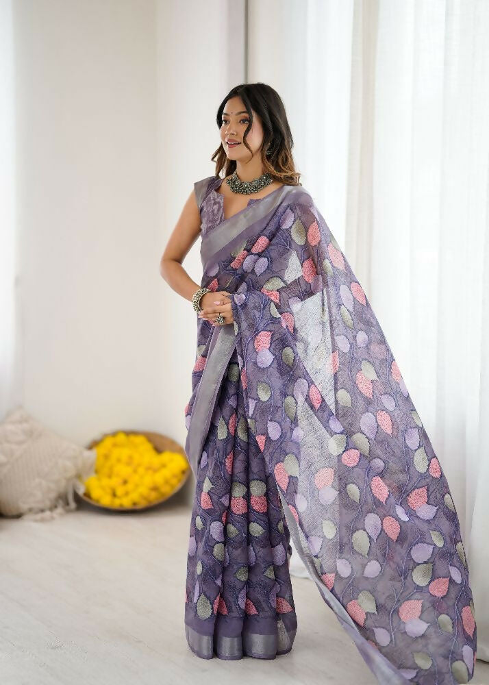 PR Fashion Lavender Linen Patta Printed Saree | Grocsy