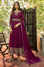 Wine Heavy Faux Georgette Anarkali Embroidered Kurta Set - Dhvani | Grocsy