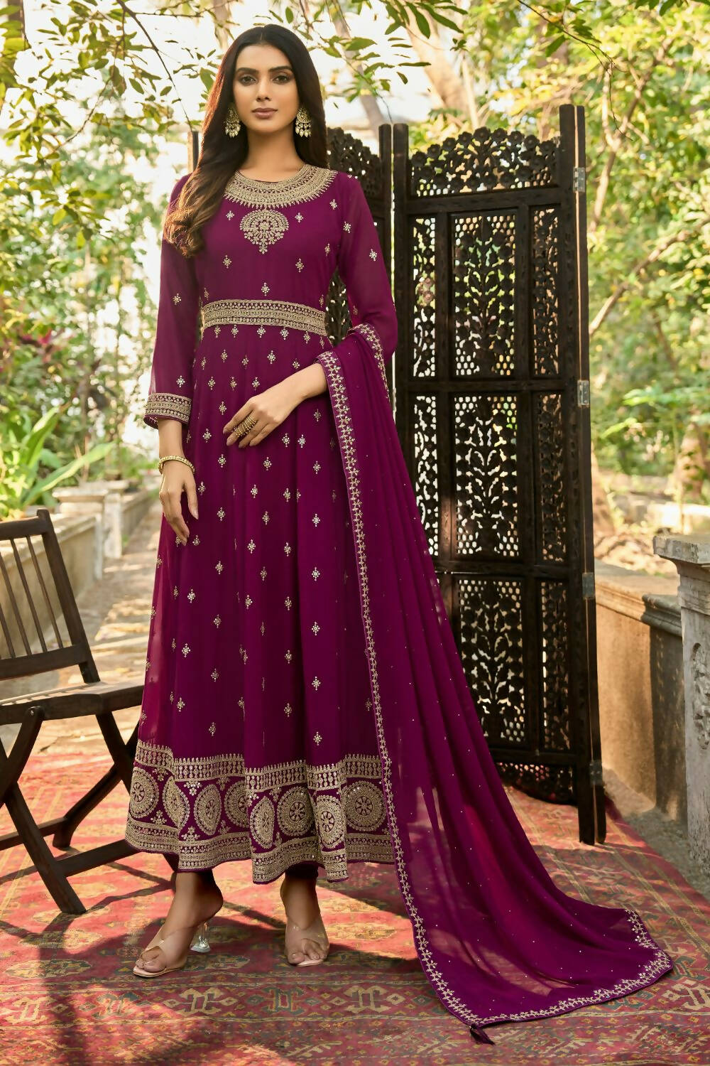 Wine Heavy Faux Georgette Anarkali Embroidered Kurta Set - Dhvani | Grocsy
