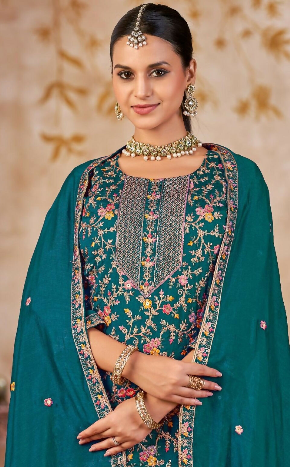 Anaita Blue Vichitra Silk Readymade Palazzo Suit with Embroidery & Lace Work | Grocsy