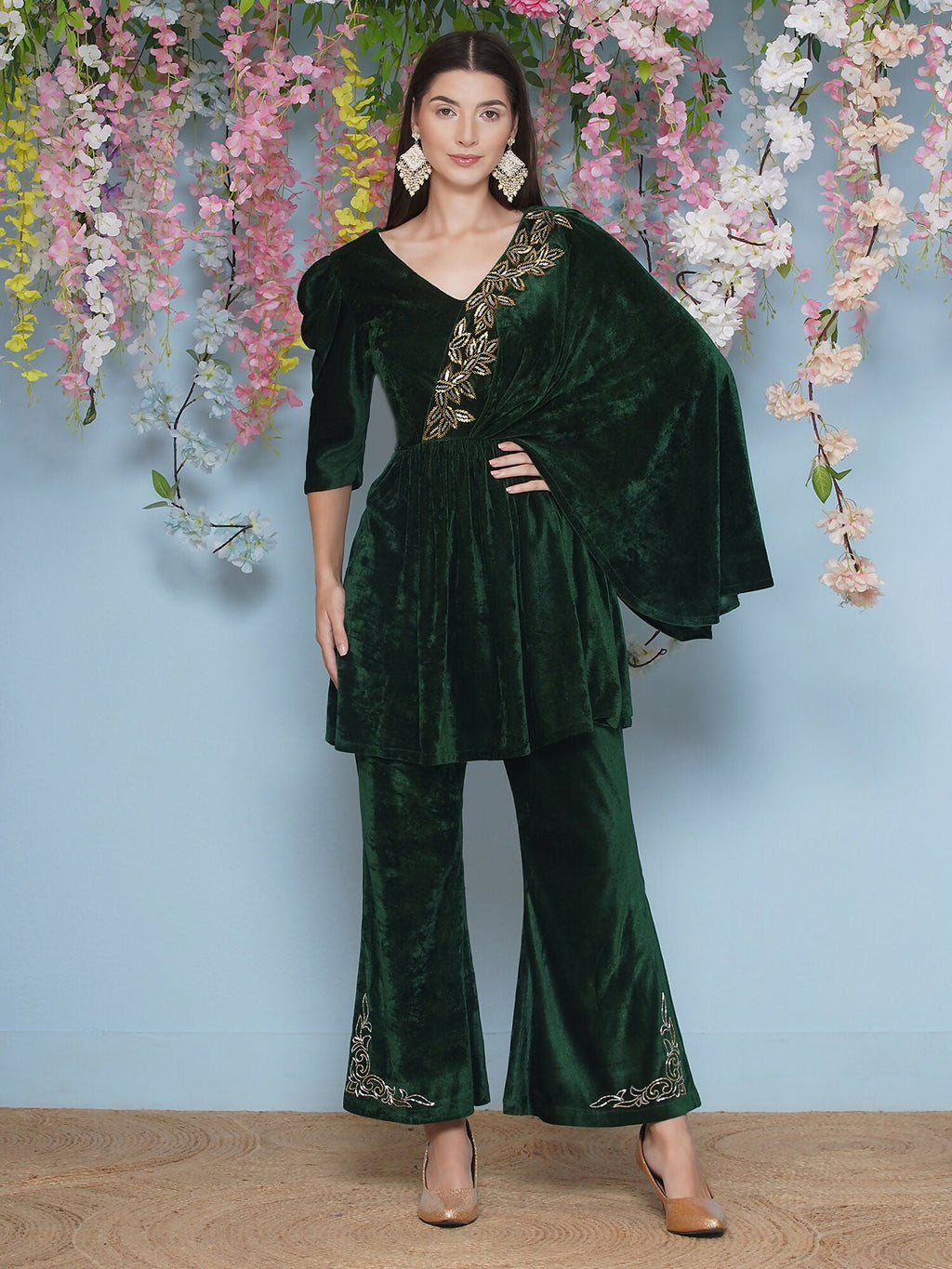 Joban Fashion Green Velvet Hand Embellished Set | Grocsy
