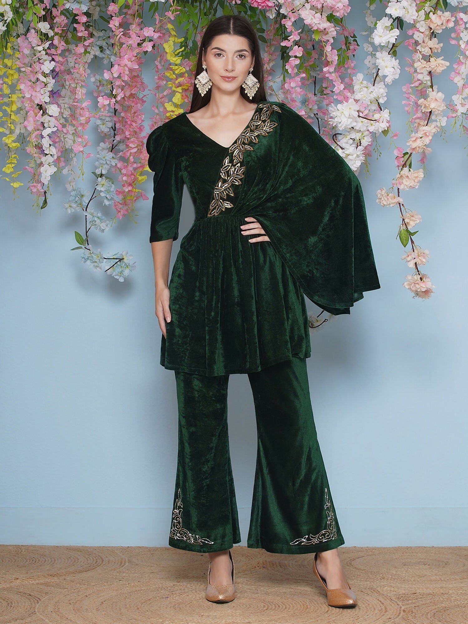Joban Fashion Green Velvet Hand Embellished Set | Grocsy