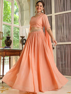Janasya Peach Georgette Foil Print Lehenga Choli Dupatta | Grocsy