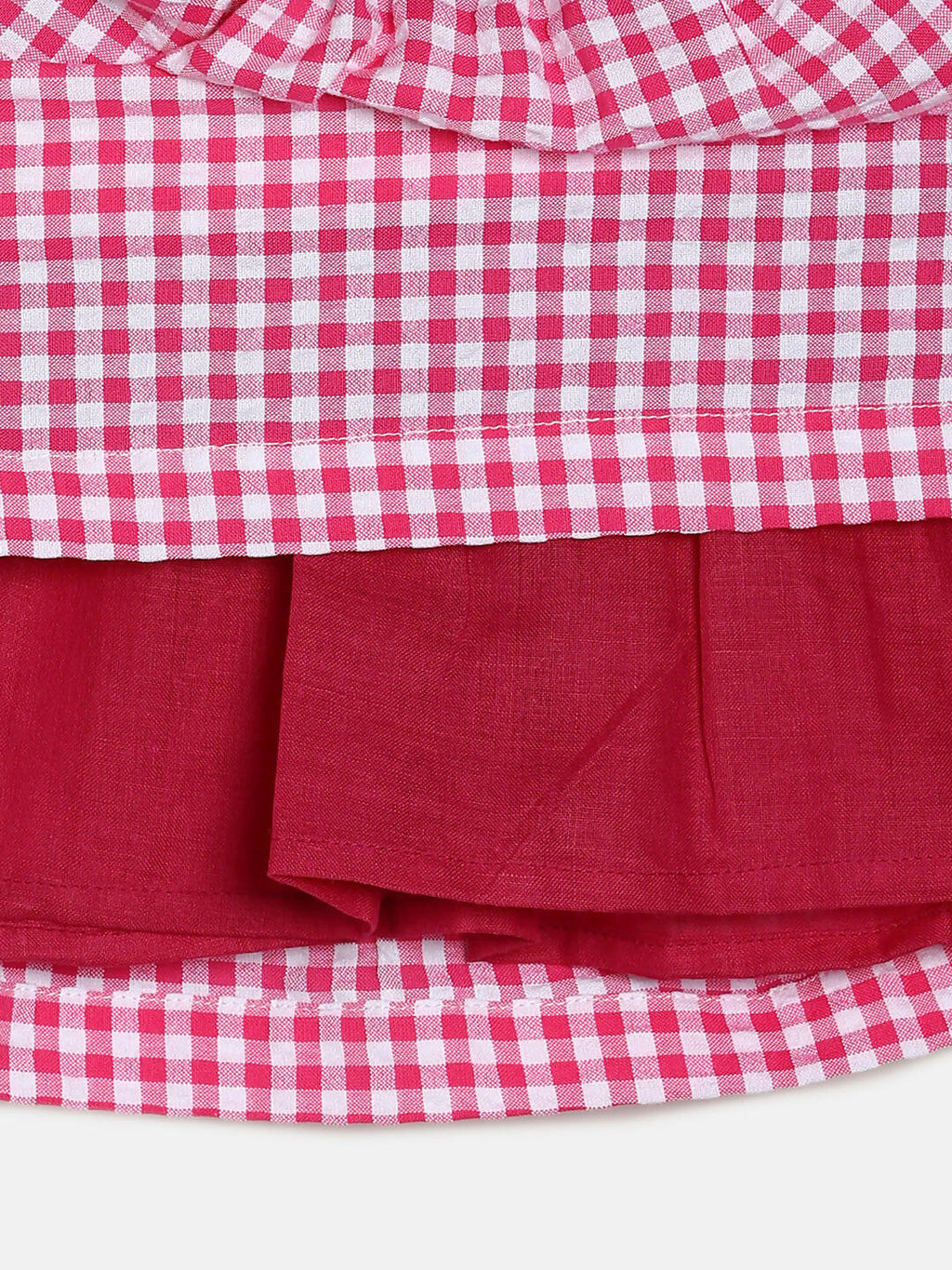 Manet Girls Cotton V Neck Frill Frock Checked Printed - Pink | Grocsy