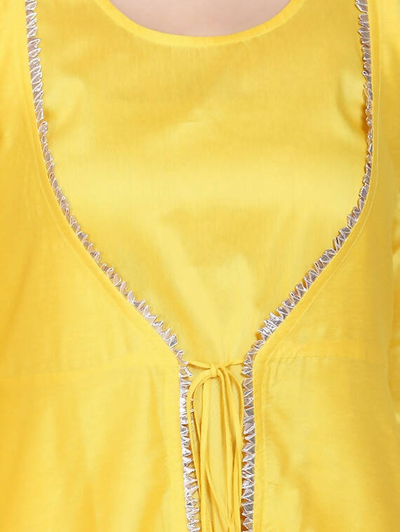 Cheera Women's Yellow Silk Blend With Gota Work Double Layer Dress With Silk Straight Pant Set | Grocsy