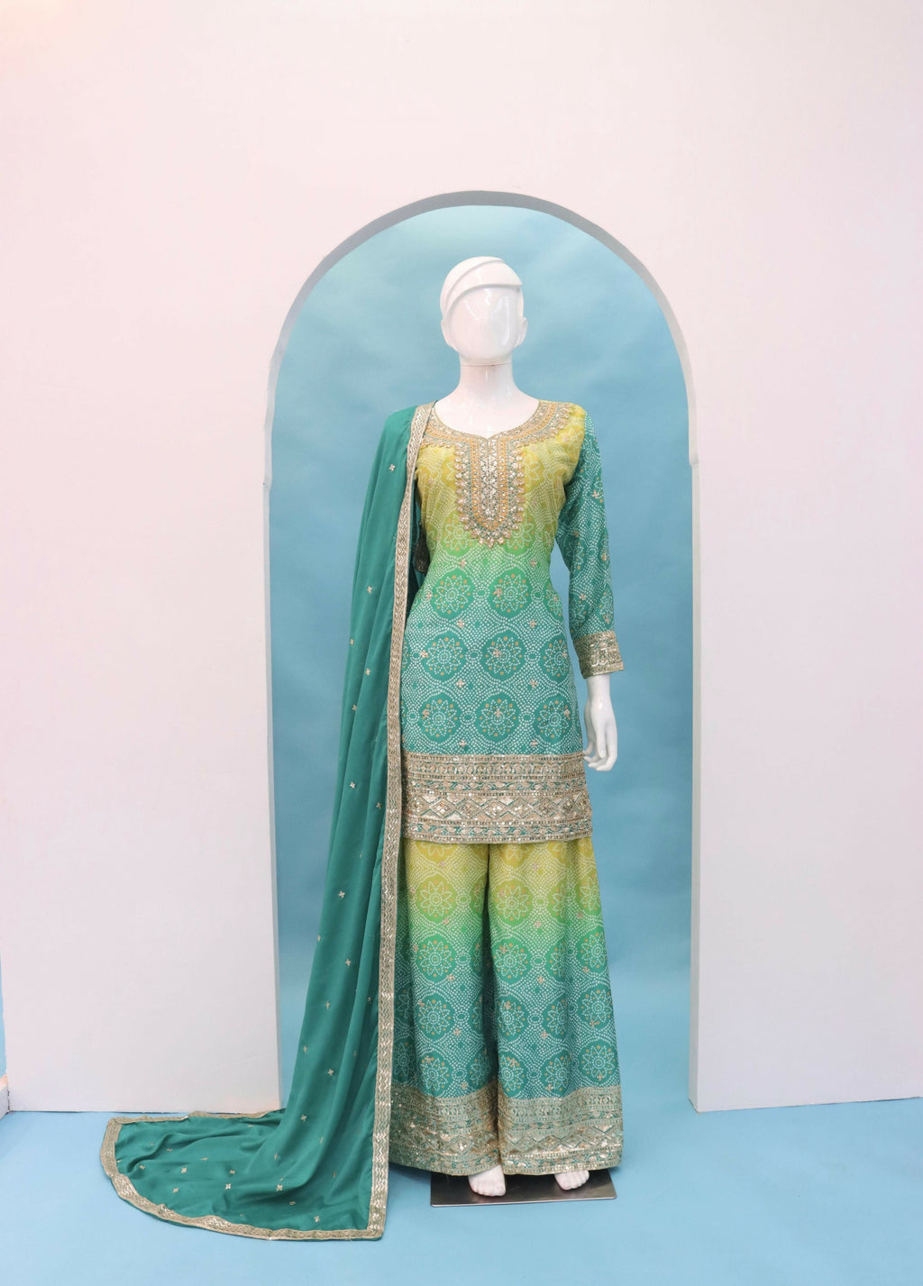 Anaita Green Digital print with Embroidered Silk Stitched Plazo Suit | Grocsy