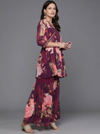 Ahalyaa Women Floral Printed Tunic with Sharara - Black Color | Grocsy