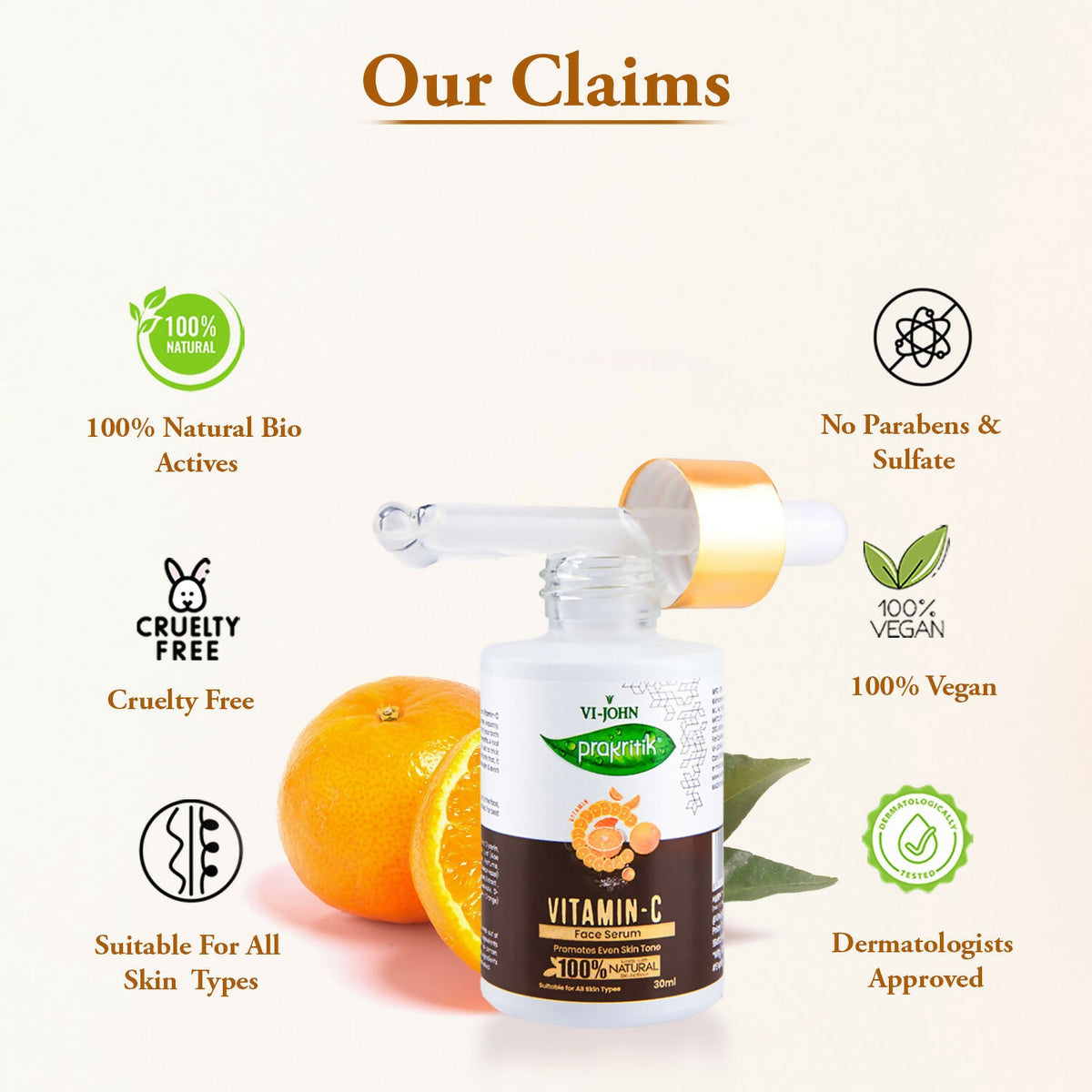 VI-JOHN Prakritik Vitamin C Face Serum Brightening, Anti-Aging & Glowing Skin, 100% Bio-Actives | Grocsy