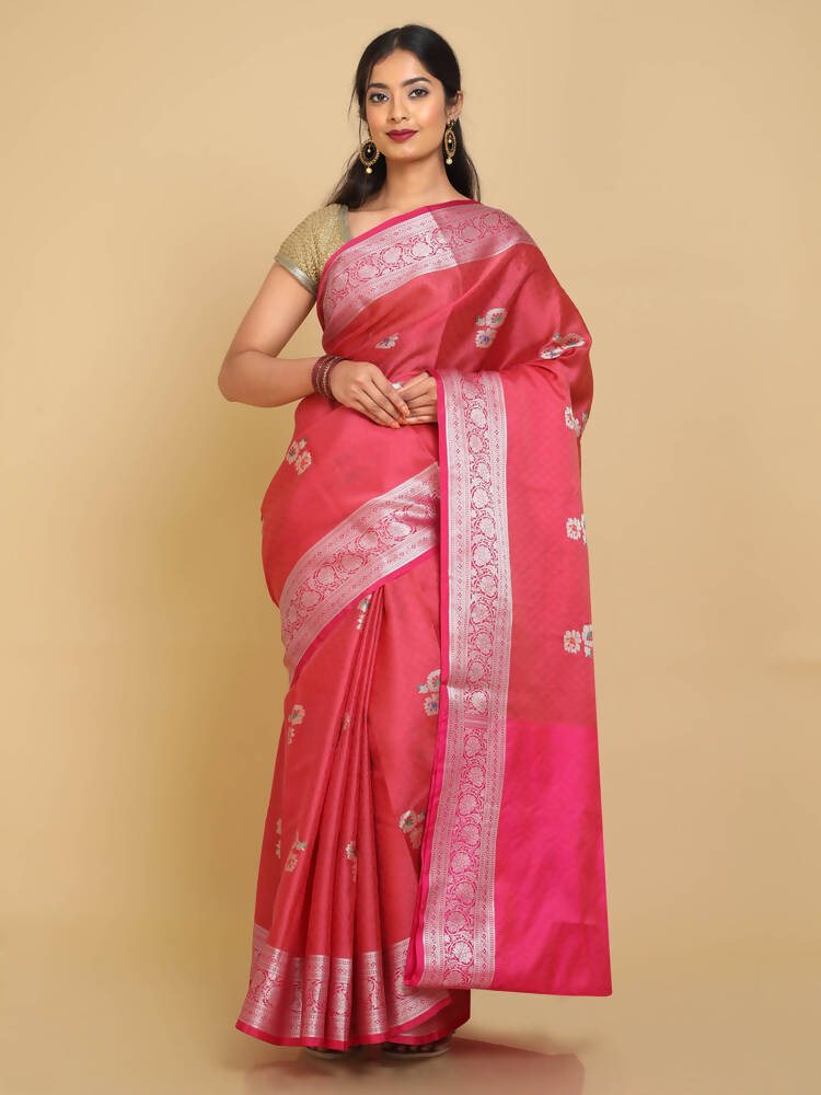Kalamandir Floral Coral Color Silk Blend Saree | Grocsy