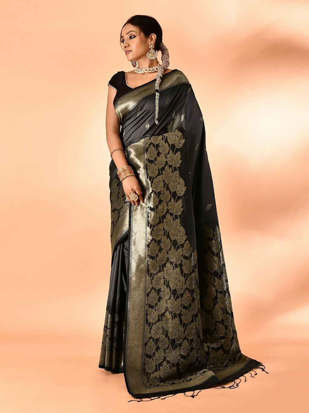 Joban Fashion Grey & Black Plain With Weaving Border Banarasi Silk Sarees | Grocsy