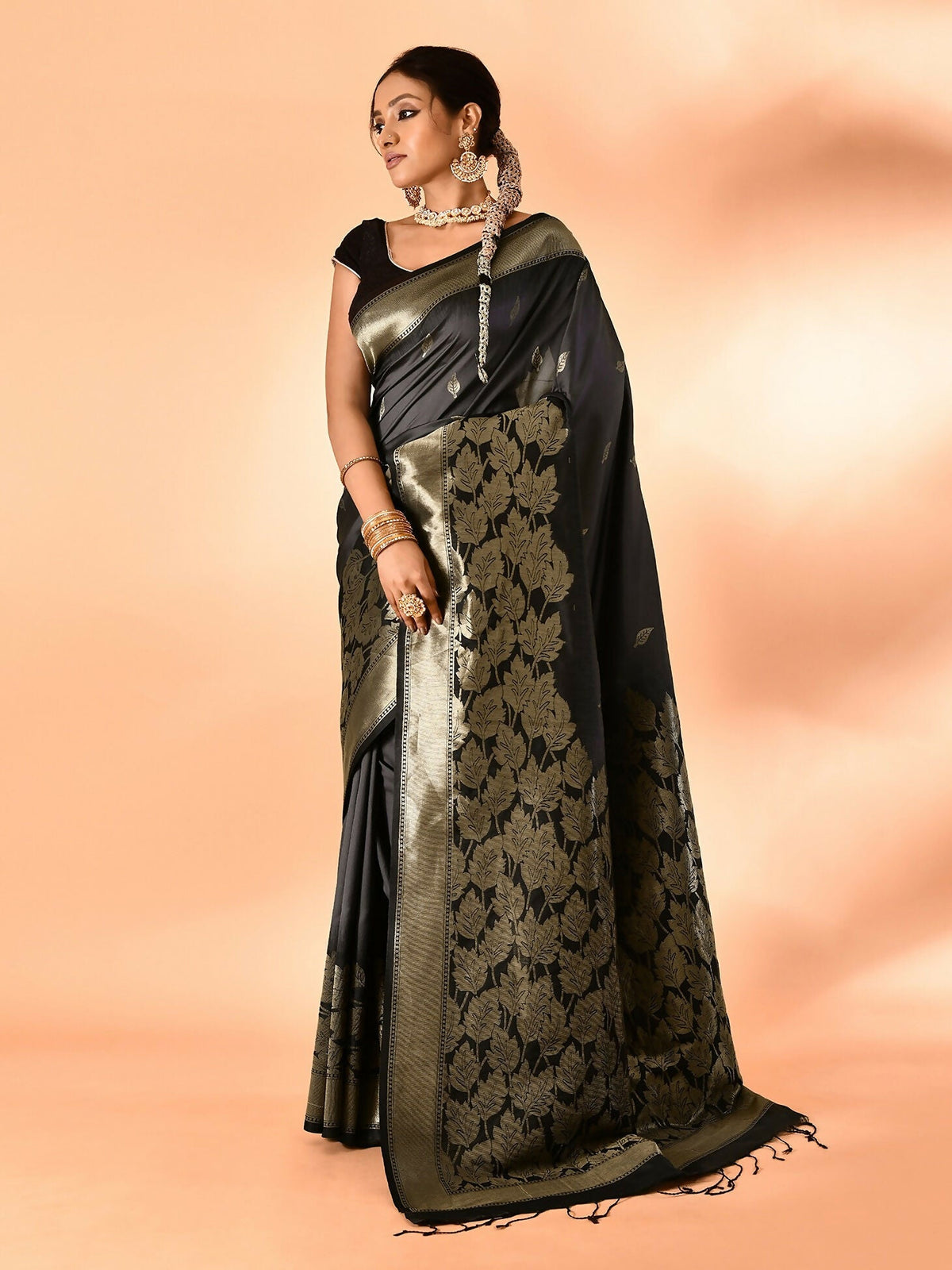 Joban Fashion Grey & Black Plain With Weaving Border Banarasi Silk Sarees | Grocsy