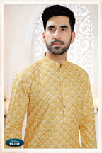 Joban Fashion Men's Yellow Straight Silk Thread Embroidery All Over Kurta Set | Grocsy