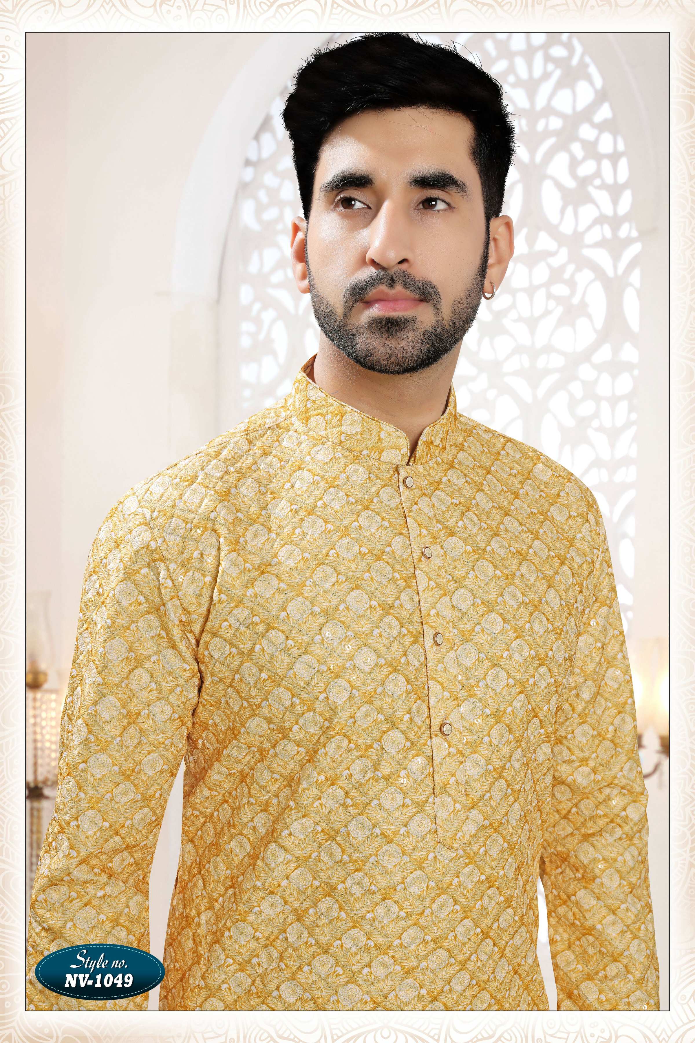 Joban Fashion Men's Yellow Straight Silk Thread Embroidery All Over Kurta Set | Grocsy