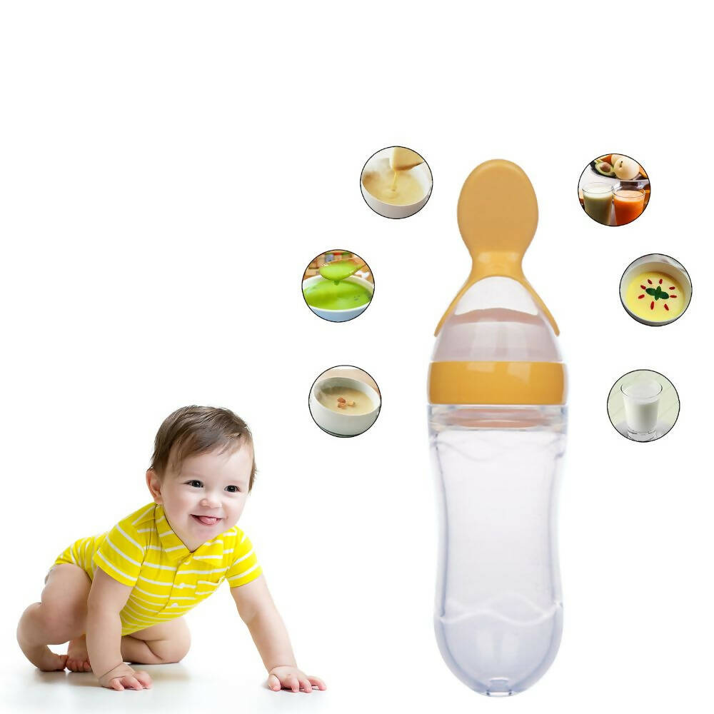 Safe-O-Kid Easy Set of 2 Squeezy Silicone Food Feeder Spoon (Soft Tip) Bottle- Yellow- 90mL | Grocsy