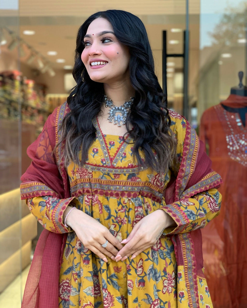The52 Women's Beautiful Cotton Fabric Printed Work Flared Kurta Palazzo and Dupatta Set | Grocsy