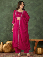 The52 Women's Gorgeous Embroidery Work Vichitra SIlk Fabric Flared Kurta Pant and Dupatta Set | Grocsy