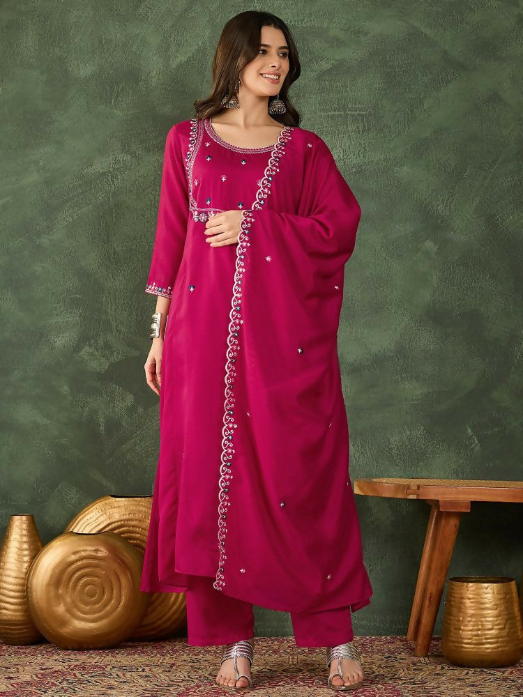 The52 Women's Gorgeous Embroidery Work Vichitra SIlk Fabric Flared Kurta Pant and Dupatta Set | Grocsy