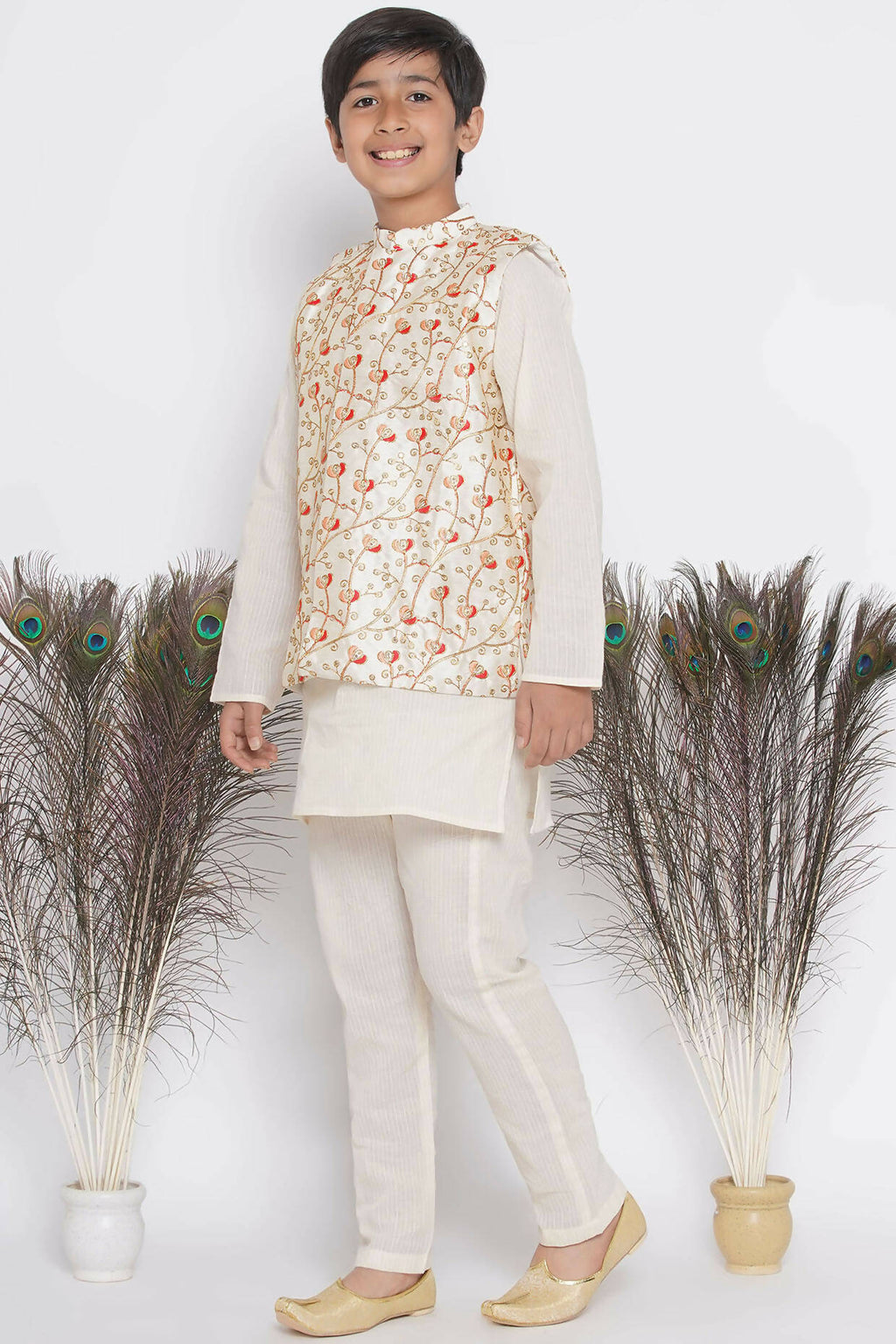 Little Bansi Banarsi Red Tulip Embroidery Jacket with Cotton Kantha kurta and Kantha Pyjama - Cream | Grocsy