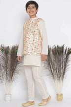 Little Bansi Banarsi Red Tulip Embroidery Jacket with Cotton Kantha kurta and Kantha Pyjama - Cream | Grocsy