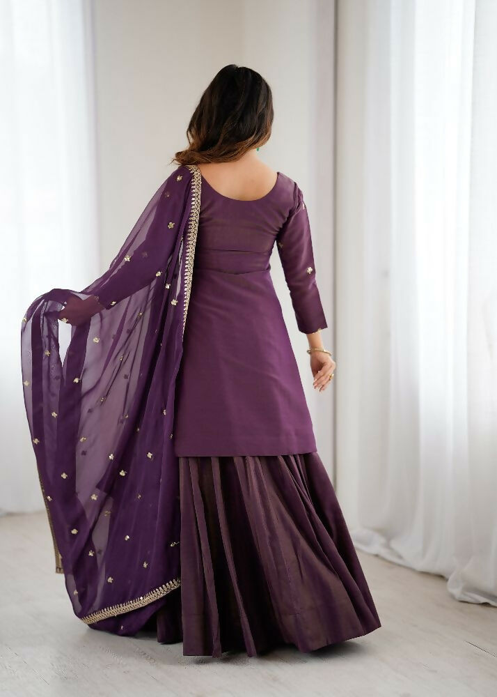 Teeya Creation Wine Color Roman Shimmer Silk Party Wear Palazzo Set | Grocsy