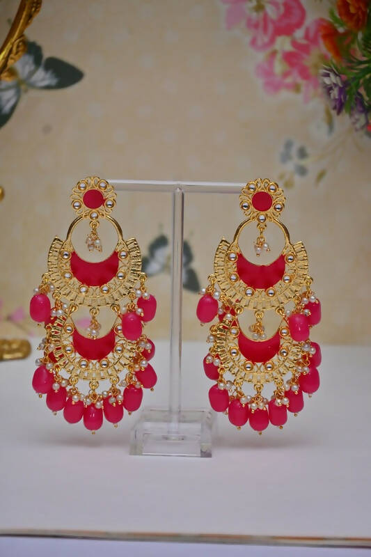 Meenakari Work Gold-Polished 2 Layered Beaded Red Chandbali Earrings with Kundan and Pearl Work By House of Ree - House of Ree