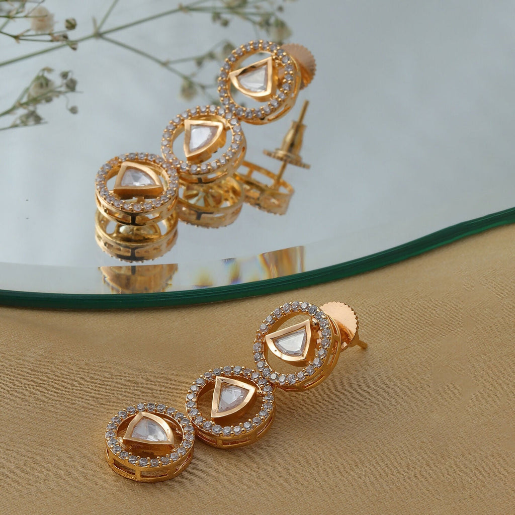 3 Tier Round Diamond and Kundan Earrings (Gold) - Ruby Raang | Grocsy