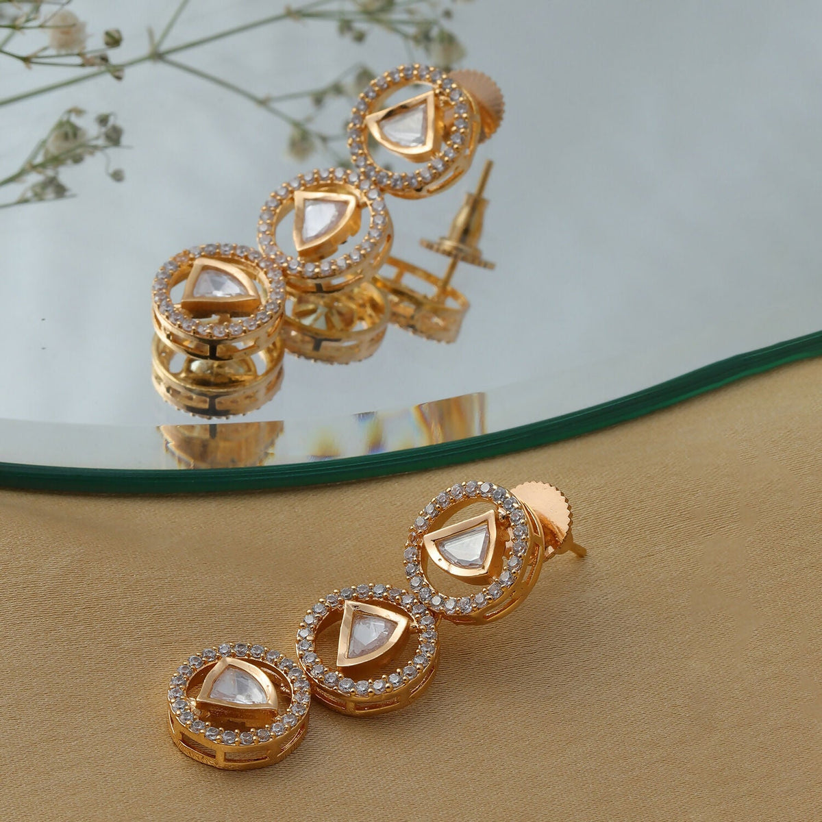 3 Tier Round Diamond and Kundan Earrings (Gold) - Ruby Raang | Grocsy