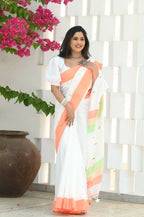 Beatitude White Cotton Handloom Saree | Grocsy