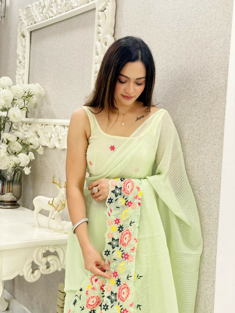 Green Shimmer Silk Multi Thread Sequence Embroidery Work Saree - Kashta | Grocsy