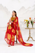 Vastranavya Red Floral Print with Lace Border work Chiffon Saree & Unstitched Blouse | Grocsy