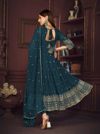 Jyoti Fashion Women's Rama Georgette Embroidered Anarkali Kurta Pant Set With Dupatta | Grocsy