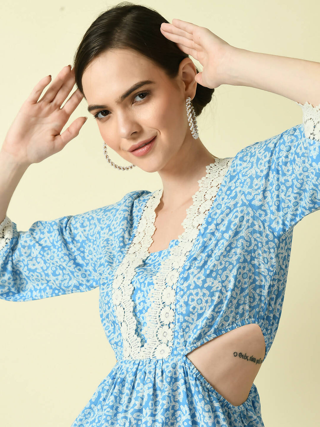 Myshka Women's Blue Floral Printed Fit and Flare Dress | Grocsy