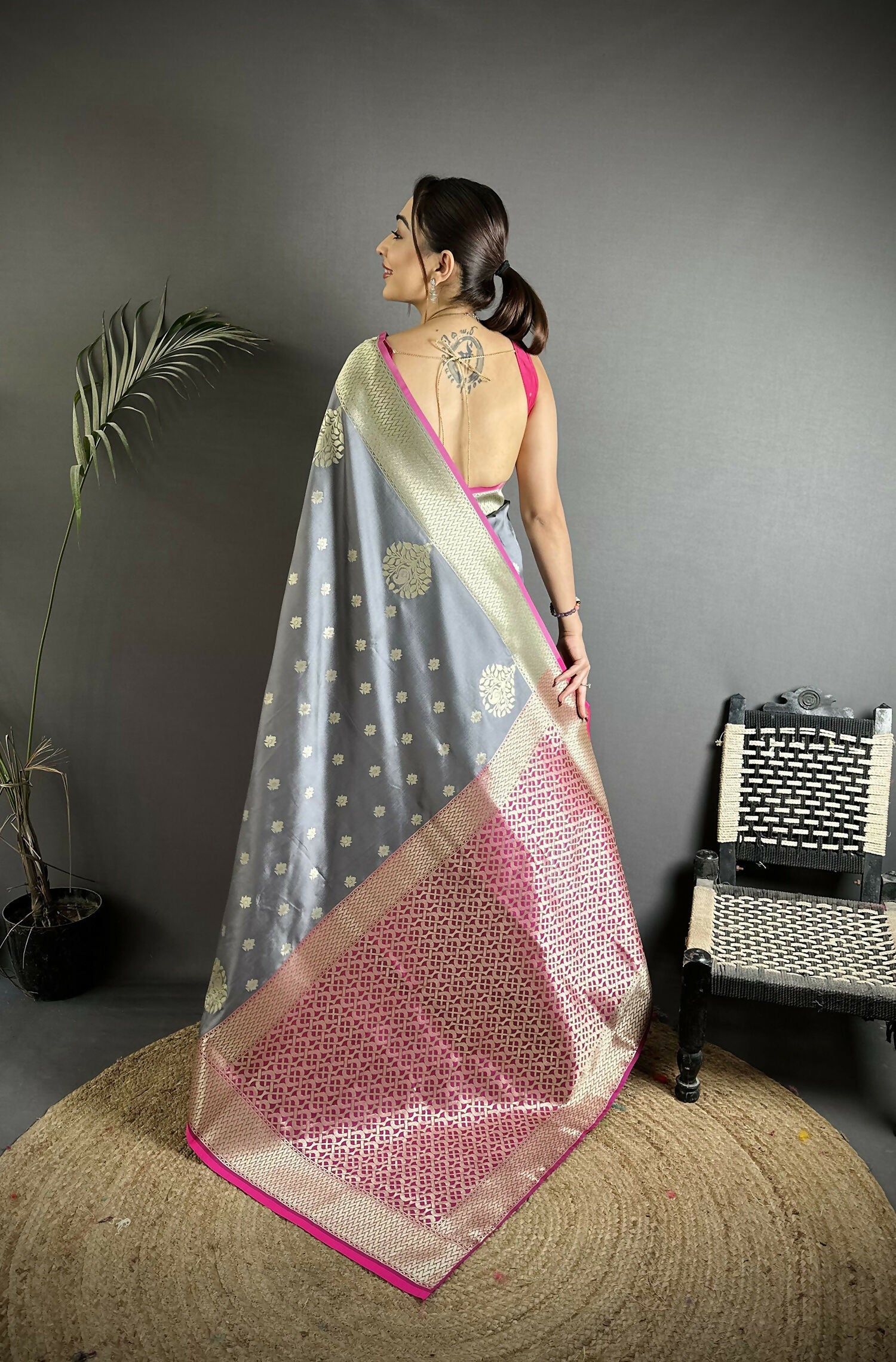 Joban Fashion Grey Woven Butti Soft Silk Banarasi Silk Saree | Grocsy
