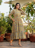 Kaajh Women's Yellow Floral Handblock Print Cotton Dress | Grocsy