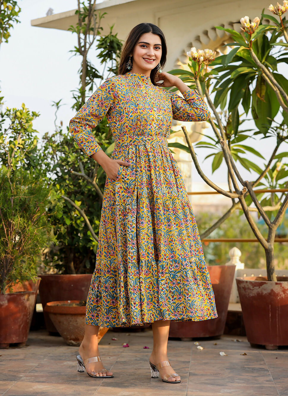 Kaajh Women's Yellow Floral Handblock Print Cotton Dress | Grocsy