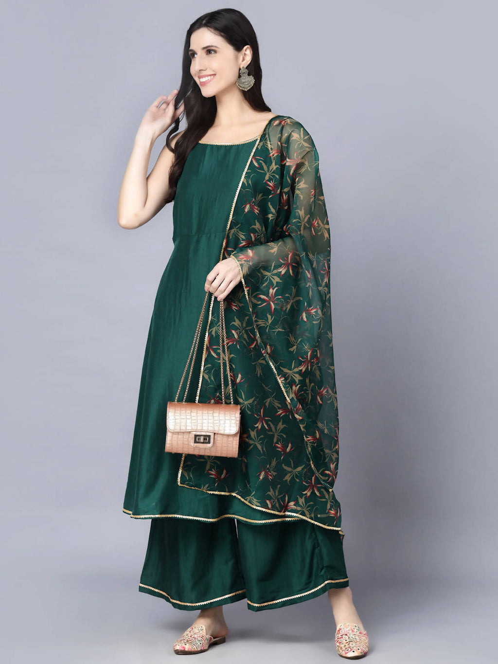 Myshka Women Green Ethnic Motifs Yoke Design Panelled Kurti with Sharara With Dupatta | Grocsy