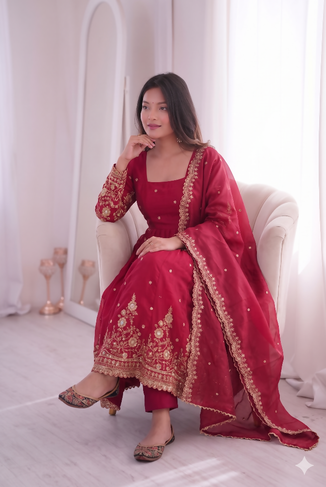 Teeya Creation Womens New Latest Trendy Elegant Red Embroidered Anarkali Suit Set with Scalloped Dupatta | Grocsy