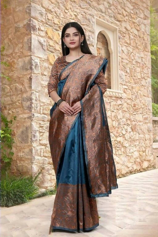 DEIANA'S Beautiful Designer Golden zari Soft Lichi Silk Saree - Teal | Grocsy