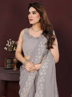PR Fashion Grey Georgette Embroidery Work With Embroidery Work Blouse Saree | Grocsy