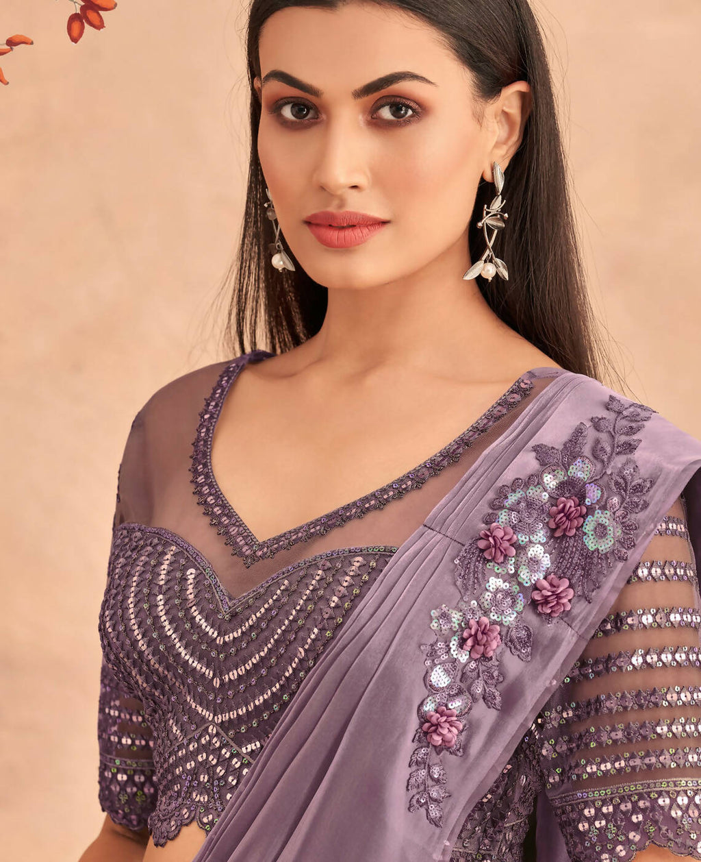 Purple Satin Embroidered Ready To Wear Saree With Unstitched Blouse Piece - Nandika | Grocsy
