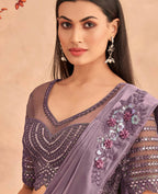 Purple Satin Embroidered Ready To Wear Saree With Unstitched Blouse Piece - Nandika | Grocsy