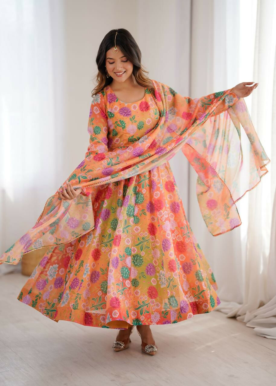 Teeya Creation Orange Soft Organza Digital Printed Party Wear Long Gown | Grocsy