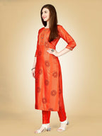 Jyoti Fashion Women's Orange Viscose Rayon Embroidered Kurta Pant Set | Grocsy