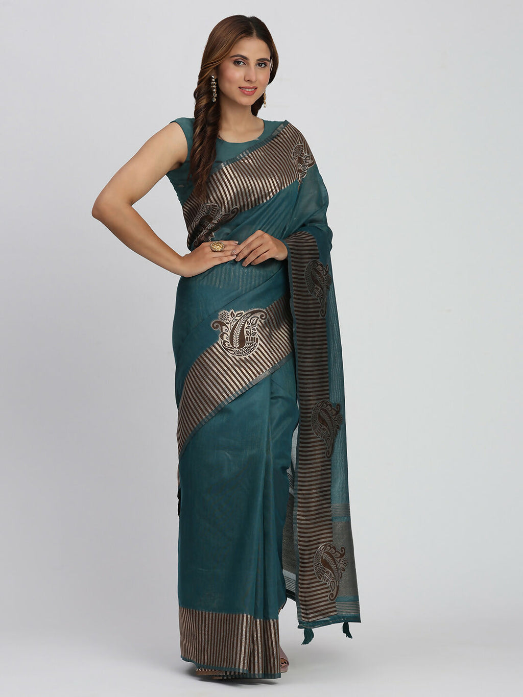 Shree Shyam Fashion Linen Cotton Sea Green Saree | Grocsy