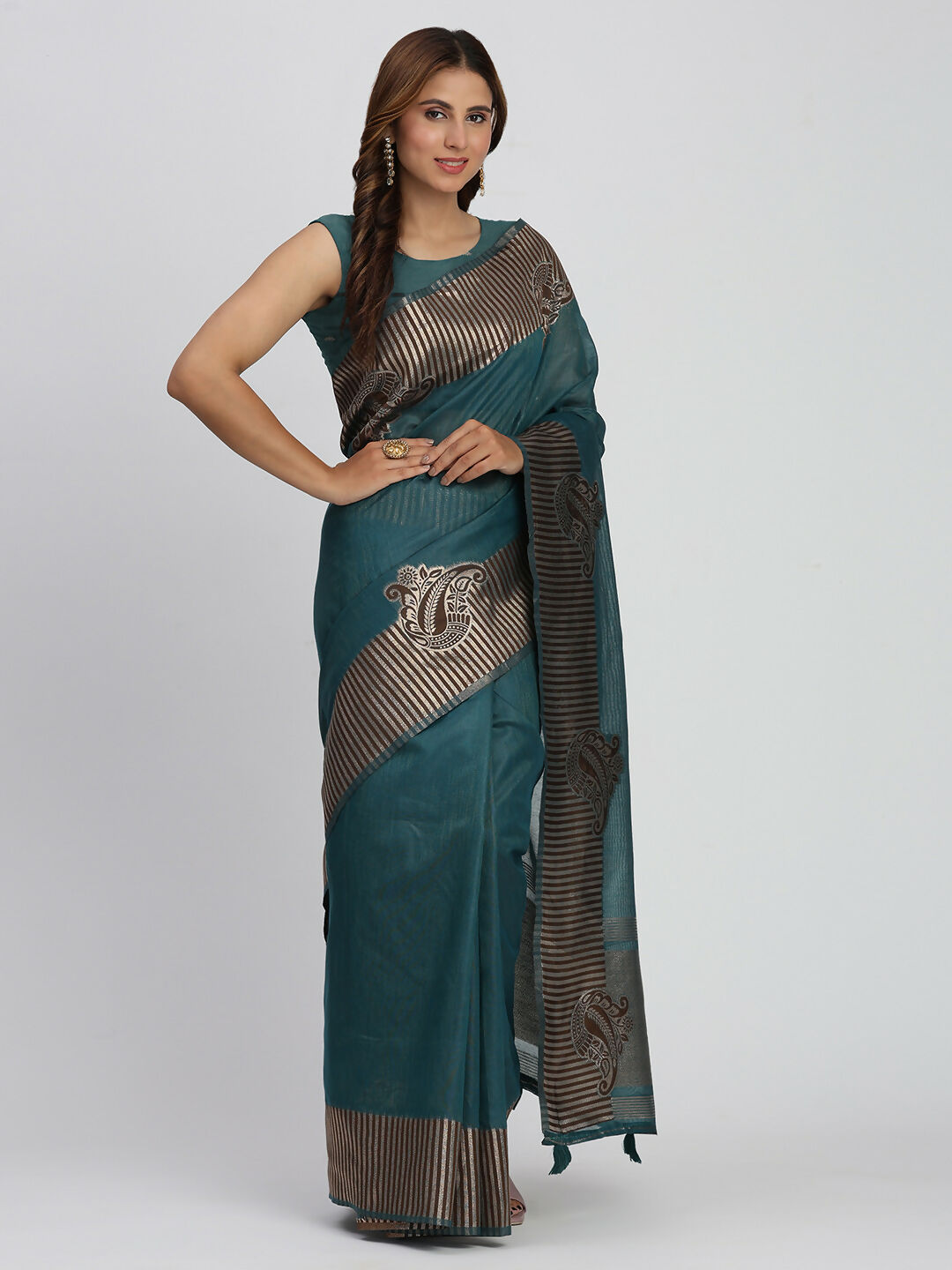 Shree Shyam Fashion Linen Cotton Sea Green Saree | Grocsy