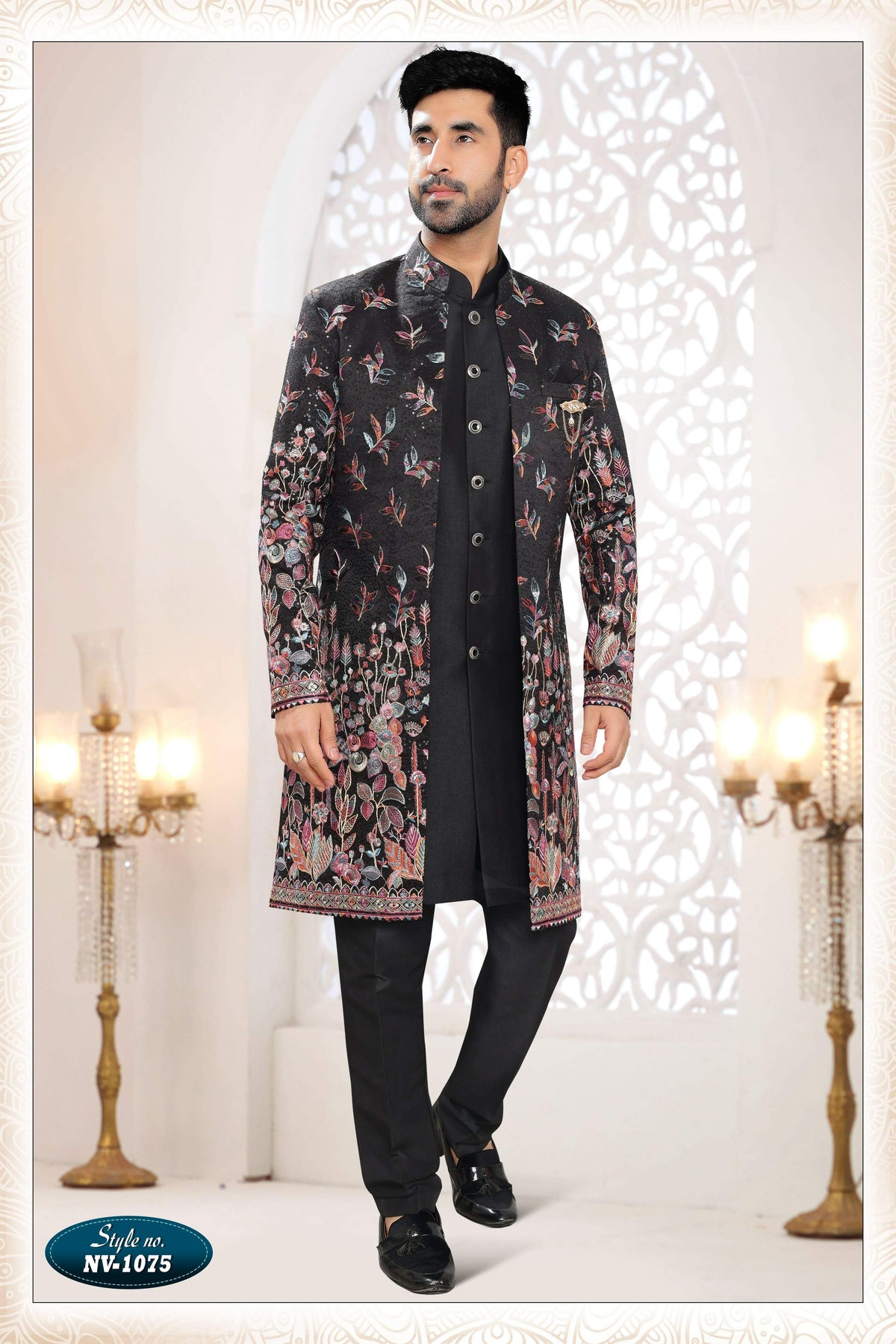 Joban Fashion Men's Black Straight Silk Thread And Sequence Embroidery All Over 3 Pc Kurta Set | Grocsy