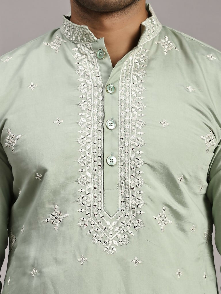Light Green Silk Designer Embroidery Work Men's Rajwadi Kurta Set - Mahotsav | Grocsy