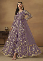 Pant Style Purple Embroidered Net Wedding Anarkali Suit - Emponline | Grocsy