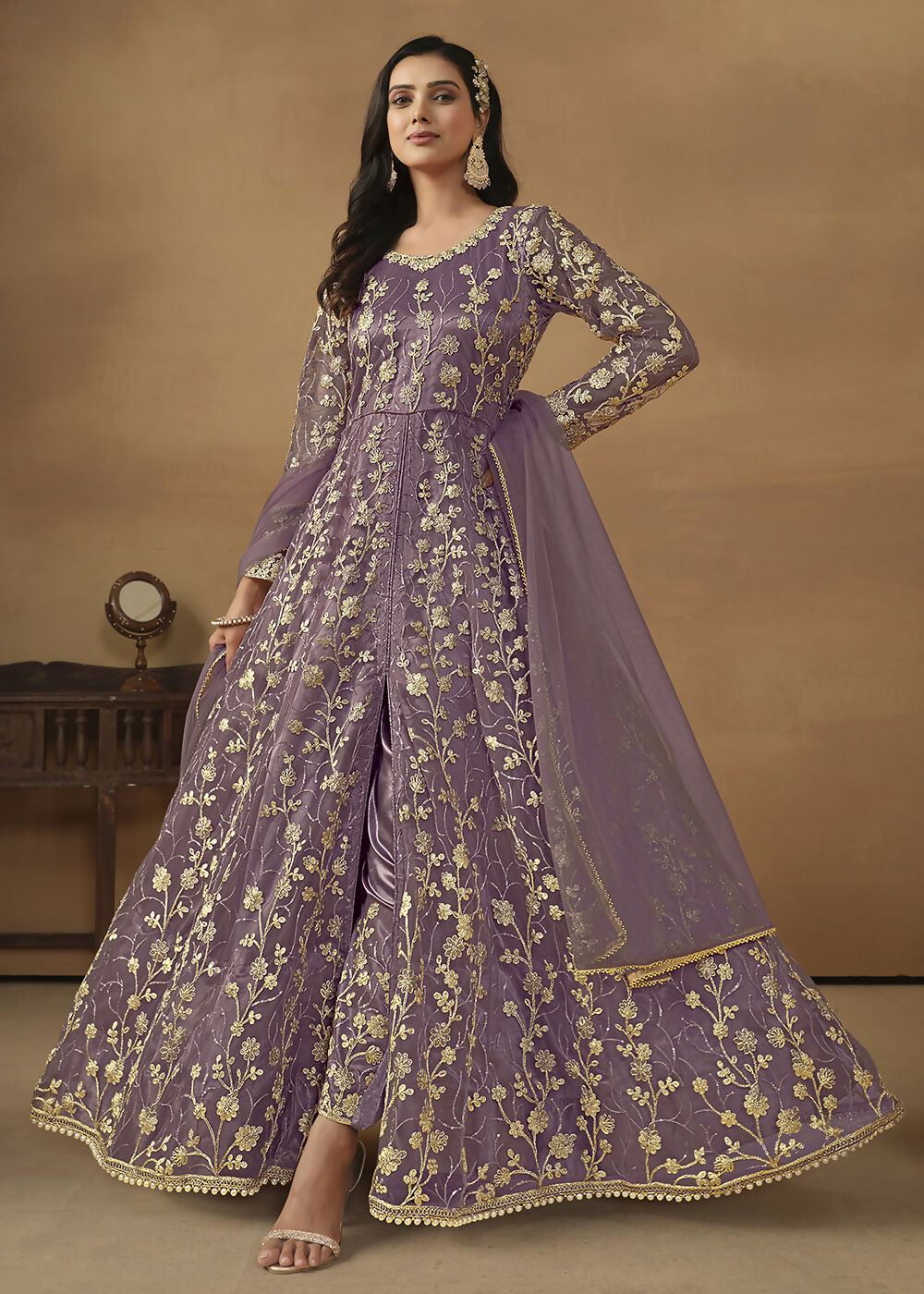 Pant Style Purple Embroidered Net Wedding Anarkali Suit - Emponline | Grocsy