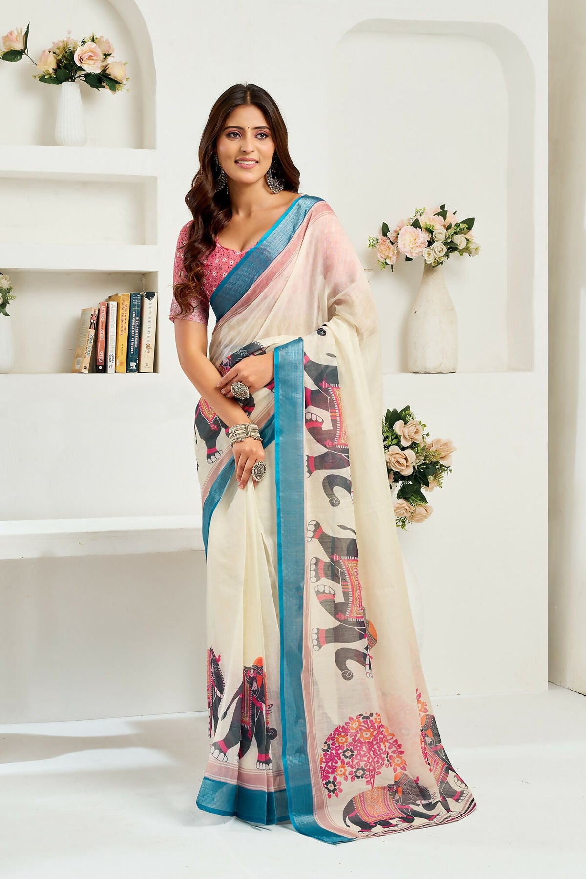 Vastranavya Cream Digital Printed Linen Ready To Wear Designer Saree with Unstitched Blouse | Grocsy